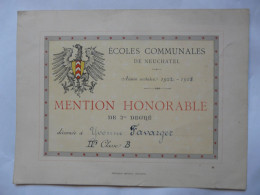 VIEUX PAPIERS - DIPLOME : MENTION HONORABLE - Ecoles Communales De NEUCHATEL 1922-1923 - Diplômes & Bulletins Scolaires