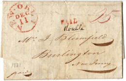 (N30) USA Cover LAC 1831 - New Orlean L.O. To Burlington New Jersey - Red Marks " Paid" Double - 25 Cts Due. - …-1845 Vorphilatelie