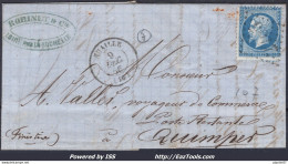 FRANCE N°22 SUR LETTRE AVEC GC 2705 NUAILLÉ CHARENTE INF + CAD DU 09/12/1866 - 1862 Napoleone III