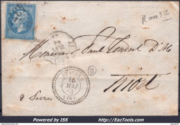 FRANCE N°22 SUR LETTRE AVEC GC 4374 ÉTAULES CHARENTE INF CAD TYPE 22 DU 16/05/1863 - 1862 Napoleone III