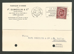 Karte 1935 Fabriques D'Armes Dumoulin & Cie  Vers Gothenburg Suede Sweden 1 Franc  Belgique Belgie - 1931-1934 Chepi