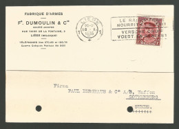 Karte 1935 Fabriques D'Armes Dumoulin & Cie  Vers Gothenburg Suede Sweden 1 Franc  Belgique Belgie - 1931-1934 Képi
