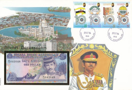 Brunei 1991. 1R Felbélyegzett Borítékban, Bélyegzéssel T:UNC Brunei 1991. 1 Ringgit In Envelope With Stamp And Cancellat - Non Classés