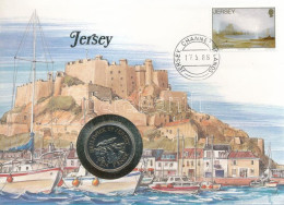 Jersey 1988. 10p Cu-Ni Felbélyegzett Borítékban, Bélyegzéssel, Német Nyelvű Leírással T:UNC Jersey 1988. 10 Pence Cu-Ni  - Ohne Zuordnung