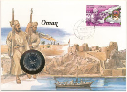 Omán 1987. 50b érmés Borítékban, Bélyeggel és Bélyegzéssel, Német Nyelvű Ismertetővel T:UNC  Oman 1987 50 Baisa In Coin  - Non Classificati