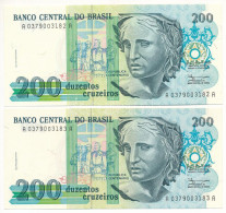 Brazília 1990. 200C (2x) Sorszámkövetők "A 0379003182 A - A 0379003183 A" T:UNC Brazil 1990. 200 Cruzeiros (2x) Consecut - Unclassified