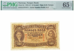 Norvégia 1942. 10Kr "B2787971" Eredeti, De Levágott PMG Csíkkal T:65 (I-) Gémkapocs Nyoma  Norway 1942. 10 Kroner "B2787 - Ohne Zuordnung