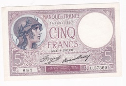 5 Francs Violet 17 – 8 – 1933. Alphabet : U.57369 N° 897 , Billet Neuf. - 5 F 1917-1940 ''Violet''