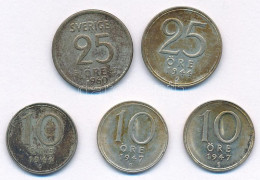 Svédország 1944-1947. 10ö Ag (3db, 2xklf) + 1944-1960. 25ö Ag (2xklf) T:AU,XF Patina Sweden 1944-1947. 10 Öre Ag (3pcs,  - Unclassified