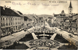 T2/T3 1909 Kassa, Kosice; Fő Utca Szökőkúttal, Piac, üzletek. Varga Bertalan Kiadása / Main Street, Fountain, Market, Sh - Unclassified