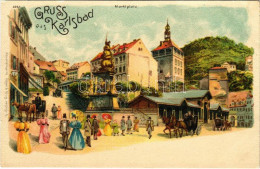 * T2/T3 Karlovy Vary, Karlsbad; Marktplatz / Market Square. Aquarellkarte Regel & Krug Art Nouveau Litho - Unclassified