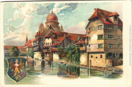 ** T4 Nürnberg, Nuremberg; Insel Schütt / Riverside, Synagogue, Emb. Coat Of Arms. Kustverlag Hermann Martin. Litho (tin - Ohne Zuordnung