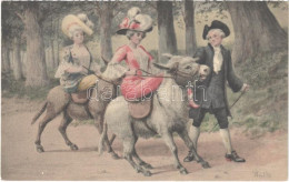 ** T2 French Baroque Ladies On Donkeys, Art Postcard - Unclassified