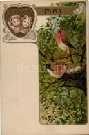 ** T2 Mai / May Art Postcard, Birds, Children, Art Nouveau Litho - Non Classés