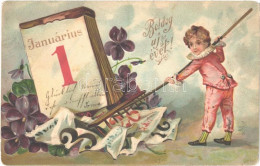 * T2/T3 1905 Januárius 1. Boldog Újévet! / New Year Greeting Emb. Litho Art Postcard With Street Sweeper - Ohne Zuordnung