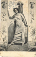 T2/T3 1908 Boldog Újévet! / New Year Greeting Card, Lady With Champagne, Clover And Horseshoe (EK) - Sin Clasificación