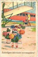 T2/T3 1938 Szívélyes üdvözlet Névnapjára! / Name Day Greeting Card, Children With Flowers And Airplane (EK) - Sin Clasificación