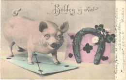 T2/T3 1905 Boldog Újévet! / New Year Greeting Card With Pig, Letters And Horseshoe - Unclassified