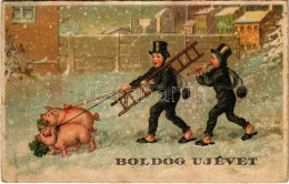 * T3 Boldog Újévet! / New Year Greeting Art Postcard With Chimney Sweepers And Pigs. Pittius (fl) - Unclassified