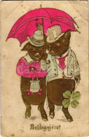 T3/T4 1910 Boldog Újévet! / New Year Greeting Art Postcard With Pig Couple. Emb. Golden Litho (EB) - Unclassified