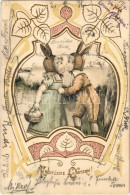 T3 1904 Fröhliche Ostern / Easter Greeting, Children Kissing In Bunny Costume. Art Nouveau Emb. Litho (szakadás / Tear) - Non Classés