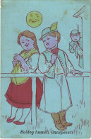 ** T3 Boldog Húsvéti ünnepeket! / Easter Greeting Art Postcard, Hungarian Folklore, Romantic Couple (kis Szakadás / Smal - Non Classés