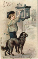 T2 1900 Gruss Aus.. / Dekorált üdvözlőlap Levelet Postára Adó Kisfiúval / Decorated Litho Greeting, Boy With A Mail Box - Non Classés