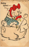 T3/T4 1905 Boldog újévet! Malac Asszonyság Fakanállal / New Year Greeting, Pig Woman With Wooden Spoon S: Pál H. (szakad - Sin Clasificación