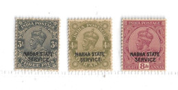 INDIA - NABHA 1932 - 1942 OFFICIALS 3p, 4a, 8a SG O47, O49,O50  UNMOUNTED MINT - Nabha