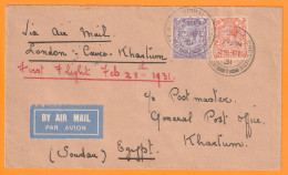 1931 - KGV - Air Mail Cover - 1st Flight London / Cairo, Egypt / Khartoum, Sudan - Arrival Stamp - Poststempel