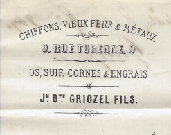 1869  ENTETE Jn Bte Griozel Marseille Chiffons Vieux Fers & Métaux Os Suif Cornes Et Engrais Pour Jean Coste Bez Le  Pey - 1800 – 1899