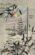 FÊTES ET VOEUX - Joyeux Noël - Barque - Paysage Hivernal - Houx - Carte Postale Ancienne - Easter