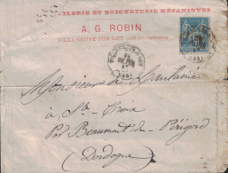 LOT ET GARONNE - VILLENEUVE SUR LOT - CONVOYEUR STATION - LE 24-9-1878 - ENTETE TUILERIE ET BRIQUETERIE A.G.ROBIN - SAGE - 1849-1876: Klassieke Periode