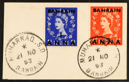 1952-54 Â½a On Â½d Orange-red, Fraction 'Â½' Omitted, SG 80a, On A Piece Alongside 1a On 1d, Tied Muharraq Nov. 1953 Cds - Bahrein (...-1965)
