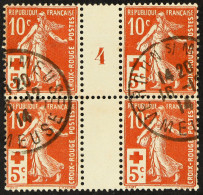 1914 10c+5c Red Red Cross Fund Millesime Block 4, The Upper Pair With '4' Milliseime, The Other Blank. Yvert 147, Very F - Andere & Zonder Classificatie