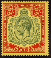 1914-21 5s Green And Red/yellow With 'NICK IN TOP RIGHT SCROLL' Variety, SG 88c, Fine Mint, Cat Â£600 - Malta (...-1964)