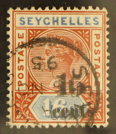 1893 15c On 16c Chestnut And Ultramarine (Die II) With SURCHARGE DOUBLE, SG 19b, Very Fine Used, Cat. Â£750. - Seychellen (...-1976)