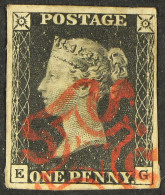 1840 1d Black, Plate 8 'EG', Four Margins And Neat Red Maltese Cross, Thin At Top. - Ohne Zuordnung