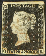 1840 1d Black, Plate 2, 'QK', Four Margins (close To Huge), Used With Red MX. - Unclassified