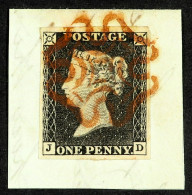 1840 1d Black 'JD' From Plate 1a, SG 2, Very Fine Used With 4 Good To Very Large Margins, Tied To Piece By Superb Red MC - Zonder Classificatie