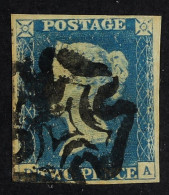 1840 2d Blue 'DA' Plate I, SG 5, Used With 4 Margins & Black MC Cancellation. Cat Â£975. - Other & Unclassified