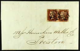 1843 (26 Oct) EL From London To Preston Bearing Two 1d Red-brown Imperfs With 4 Margins, From Plate 22, Each Cancelled B - Other & Unclassified