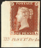 1854 1d Red-brown 'TA' Plate 193 IMPRIMATUR, Spec C1, Plate Number Corner Example With Full Margins, Surface Damage. Ex  - Other & Unclassified