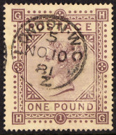 1867-83 Â£1 Brown-lilac Wmk Maltese Cross, SG 129, Used With Very Fine Small Centrally- Placed Upright London Cds. Cat Â - Other & Unclassified