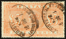 1867-83 Â£5 Orange On Blued Paper, SG 133, Used With Two Registered Oval Cancels, A Small Thin At One Corner. Cat Â£12,5 - Otros & Sin Clasificación