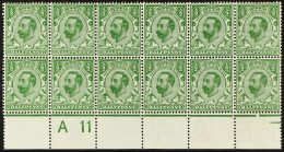 1911 Â½d Green Downey Head, Die 1A, Lower Marginal 'A11' Control Block Of Twelve, Showing White Spot At Top Of Forehead  - Ohne Zuordnung