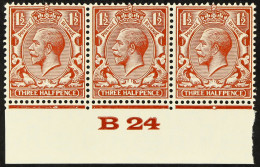 1923 1Â½d Deep Yellow-brown, SG Spec. N35 (9), Lower Marginal 'B24' Control Strip Of Three, One Showing Coloured Mark On - Non Classificati