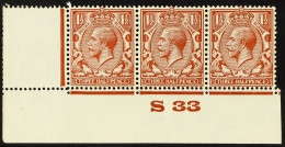 1924 1Â½d Yellow-brown, SG Spec. N35 (8), Lower Left Corner 'S33' Control Strip Of Three, Showing White Spot On Dolphin  - Unclassified