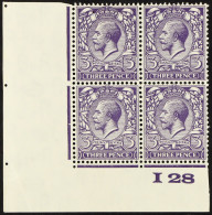 1924 3d Deep Violet, Lower Left Corner 'I28' Control Block Of Four, One Showing Broken '3' At Row 20/2, SG Spec. N38 (4) - Ohne Zuordnung