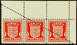 JERSEY 1941 1d Scarlet Strip 3 From The Upper-right Sheet Corner, Shows Dramatic Diagonal Line Of Additional Perforation - Sonstige & Ohne Zuordnung